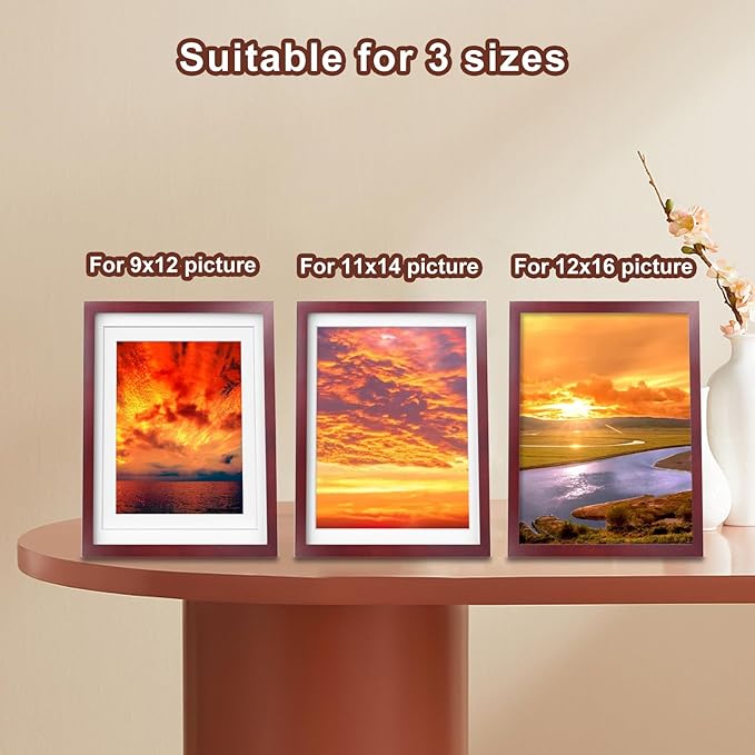Egofine 12x16 Picture Frames with Plexiglass, Display Pictures 9x12/11x14 with Mat or 12x16 Without Mat Set of 4 for Wall Mounting,Cherry Red