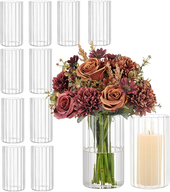 6 Inches Ribbed Glass Vase Set of 12 Packs, Small Vases for Flowers, Glass Cylinder Vases for Centerpieces, Hurricane Candle Holder for Table Shelf Party Wedding Housewarming
