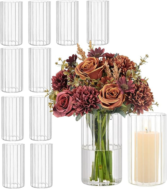 6 Inches Ribbed Glass Vase Set of 12 Packs, Small Vases for Flowers, Glass Cylinder Vases for Centerpieces, Hurricane Candle Holder for Table Shelf Party Wedding Housewarming
