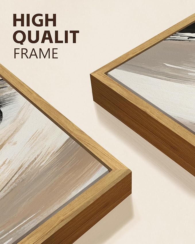 KUVIOKE Modern Abstract Framed Wall Art Black Neutral Minimalist Ink and Wash Graffiti Pastel Wall Decor for Bedroom Living Room 12x16in (Natural Framed)