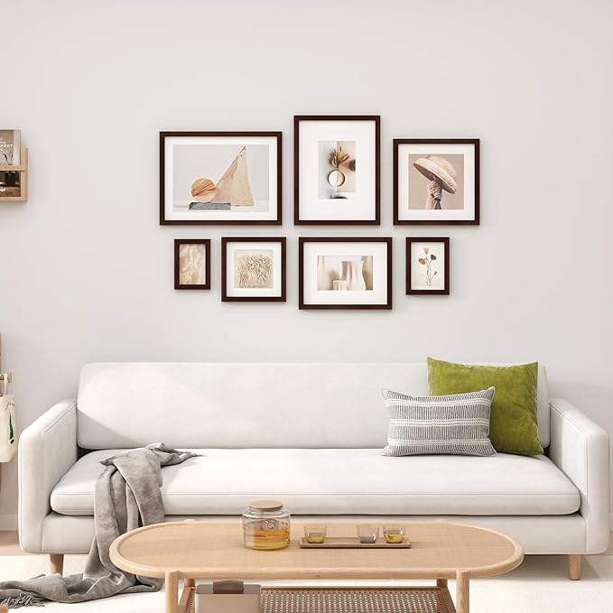 Egofine 11x11 Picture Frames 4 Pack Covered by Plexiglass, Display Pictures 8x8 with Mat or 11x11 Without Mat Made of Solid Wood for Table Top Display and Wall Mounting Photo Frame, Walnut Color