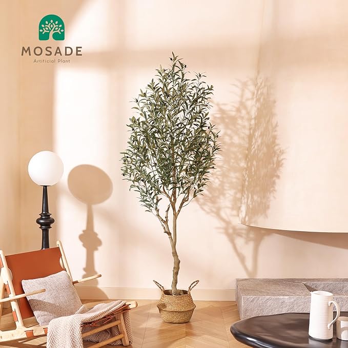 MOSADE Artificial Olive Tree 7 Feet Fake Olive Silk Plant and Handmade Seagrass Basket, Perfect Tall Faux Topiary Silk Tree for Indoor Entryway Modern Decor Home Office Porch Balcony Gift,1Pack