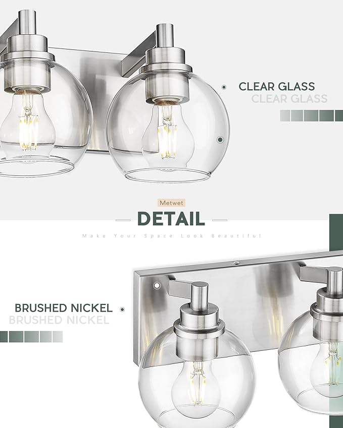 Bathroom Light Fixtures, 4 Light Brushed Nickel Vanity Light, 26 Inch Modern Wall Sconces with Globe Clear Glass Shade, Vanity Lighting Fixtures Over Mirror, VL195-BN-CL-4