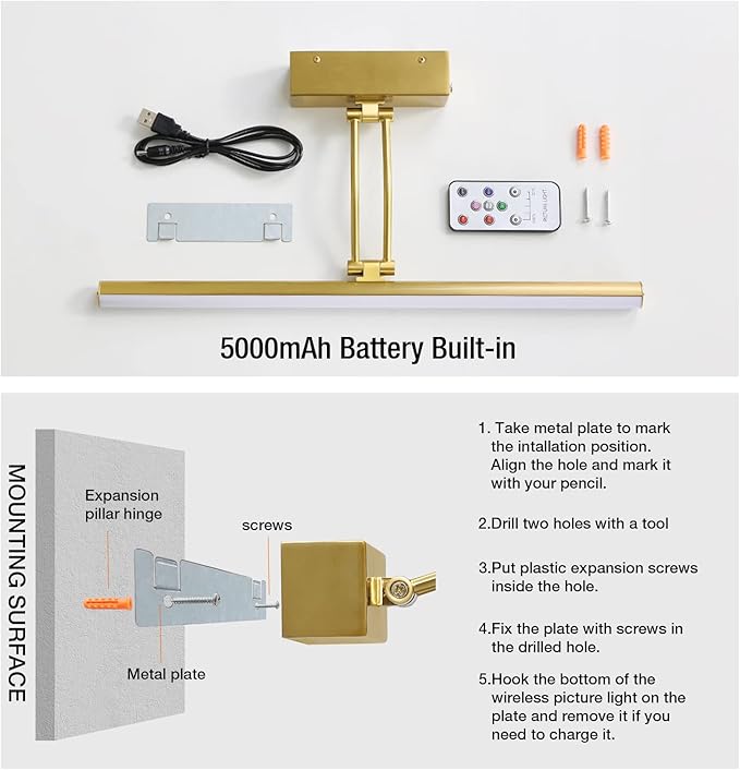 FUNCHDAY Wireless Picture Light,5000mAh Battery Operated Picture Light with Remote, Art Light with Timer,16“ Full Metal Picture Frame Light for Paintings, Gallery,Wall (Brass)