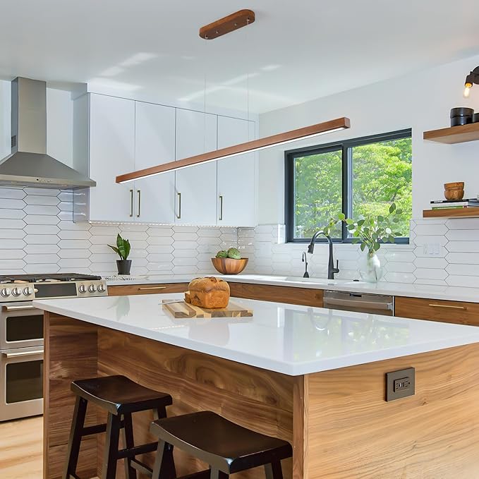 71" Walnut Wood Linear Pendant Light Dimmable LED Chandelier 40w Remote Adjustable Hanging Height Modern Farmhouse Minimalist Fixture for Kitchen Island Dining Room & Bar