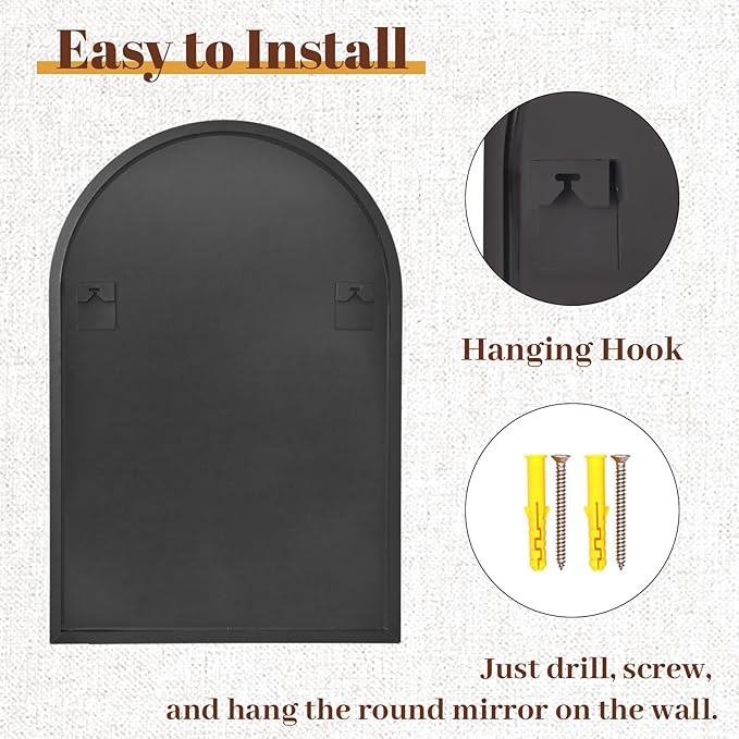 24" x 36" Luxury Arched Bathroom Mirror - Arch Wall Mirror with Shatterproof Tempered Glass and Metal Deep Frame, Hanging or Leaning for Living Room, Dresser, Entrance and Hallway, Black