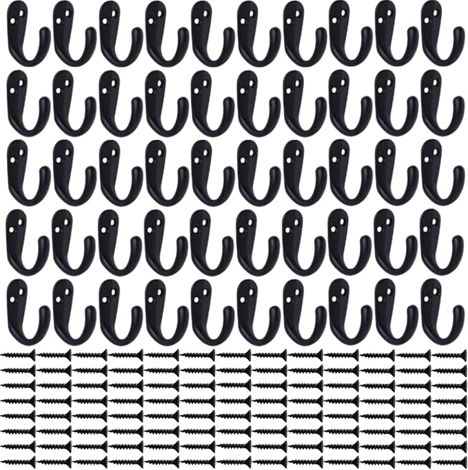 IBosins 50PCS Coat Hooks Wall Mounted Single Prong Robe Hook for Hanging Towel Hooks with 100 Screws for Cup, Mug, Bags, Hat, Cap, Scarf, Pet leashes