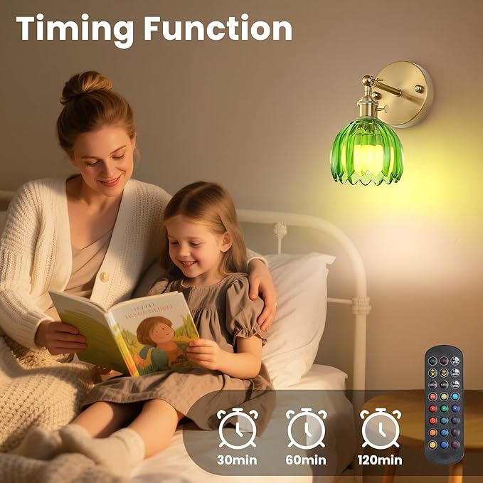 Battery Operated Wall Sconce Set of 2 with Green Floral Glass Shade Vintage Wireless Wall Light with Remote Control for, Living Room, Bedroom, Dressing Table and Bathroom Timer/Memory Function/Dimmer