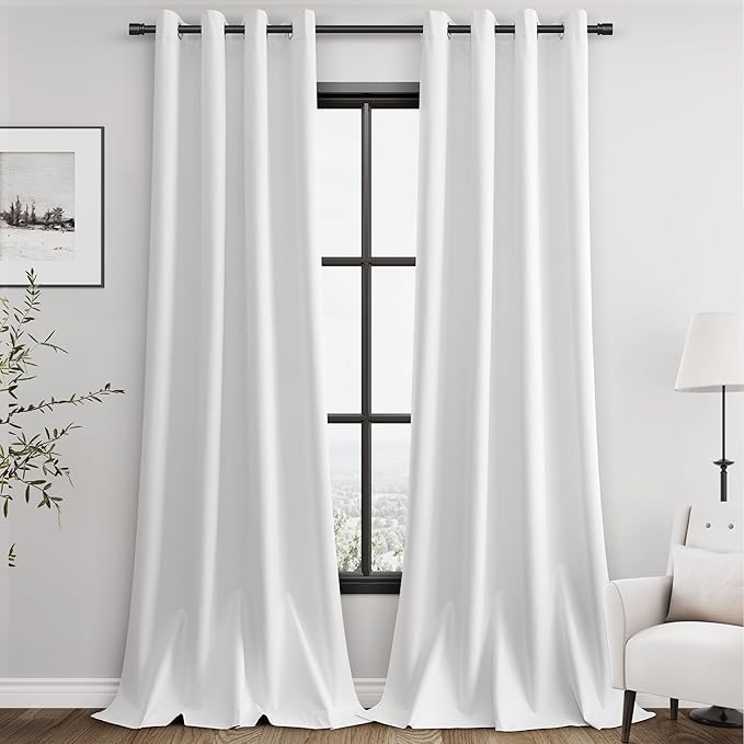 Pure White Linen Blackout Curtains 108 inches Long for Living Room Grommet Pure White Black Out Bedroom Curtain Drapes Sound Dampening Modern Elegant Textured Room Darkening Curtain 108 Length 9 Ft