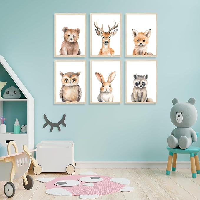 6 Animal Wall Art for Kids Room, Baby Room, Woodland Animals, Cute Bear, Deer, Rabbit Poster Prints, Safari Themed Paintings for Boys Girls Room (12x16 Inch Posters)