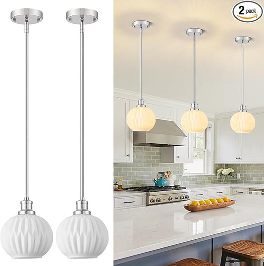 Brushed Nickel Pendant Lights Kitchen Island 2 Pack, 7.3" Milk Glass Modern Pendant Light Fixtures with Rods, Globe Hanging Lighting for Kitchen Sink Bathroom Dining Room, E26 Base