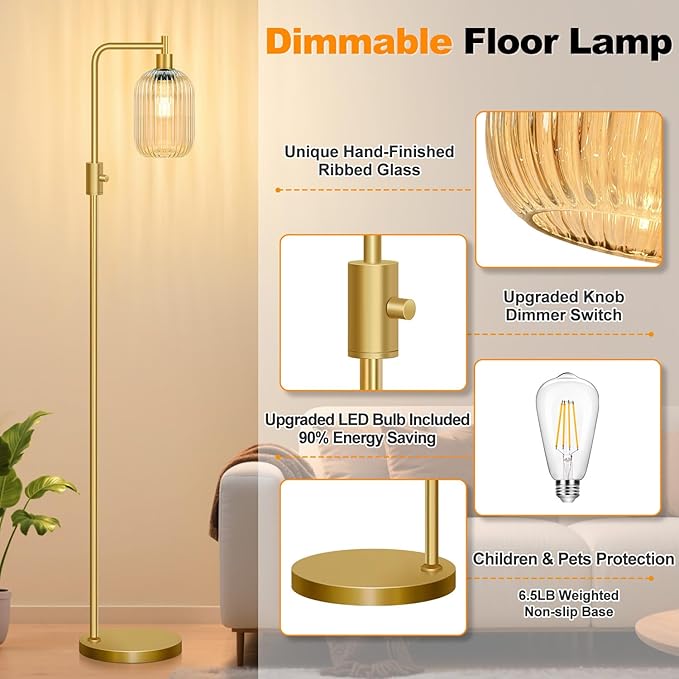 【Upgraded】 Dimmable Glass Floor Lamp for Living Room, Modern Gold Standing Lamp with Amber Ribbed Glass Lampshade & Knob Dimmer, Arc Tall Lamp for Bedroom Office Reading Room, 2700K Led Bulb Included