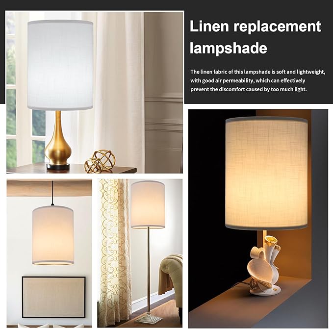 White Linen Tall Drum Lampshade, 10" Top x 10" Bottom x 13" High Lamp Shade, Lamp Shade Replacement for Table and Floor Lamps, Pendant Light, Handcrafted Lampshade, Easy Assembly
