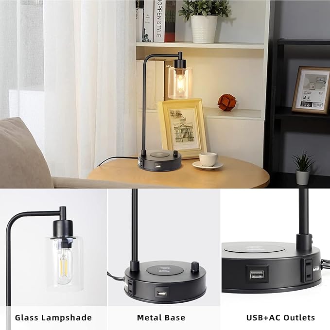 Industrial Table Lamp with Wireless Charing, Fully Stepless Dimmable Lamps Nightstand Lamps, Desk Lamp with Glass Shade Reading Lamp for Office Living Room (Black)
