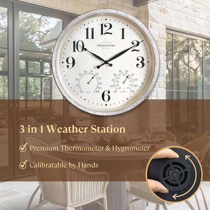 Presentime & Co 16" Farmhouse in/Outdoor Clock with Thermometer&Hygrometer as All in One Weather Station, Galvanized Décor, Wall Art and Timepiece for Farmhouse Decoration, Light Galvanized Finish