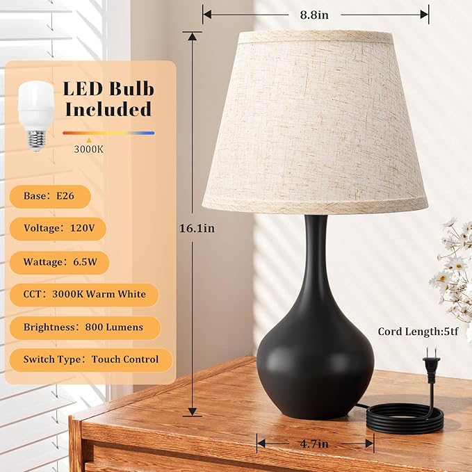 Seealle Touch Table Lamp for Bedroom, 3-Way Dimmable Small Bedside Lamps for Night Stands, Black Bedroom lamp for Kids Room, Desk, Living Room, End Table