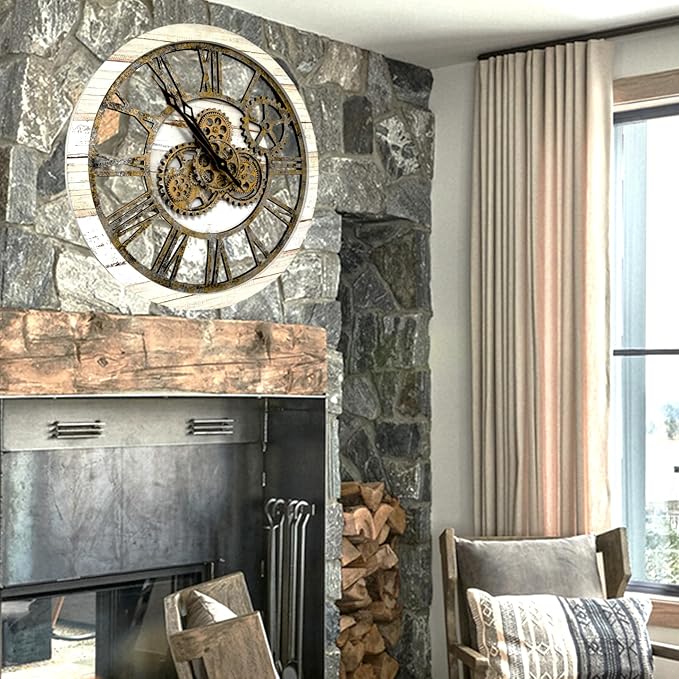 ImprovingLife The Gears Clock The Original Real Moving Gear Wall Clock Vintage Industrial Oversized Rustic Farmhouse (24 inch (60cm), Vintage Desert Beige and Bronze)