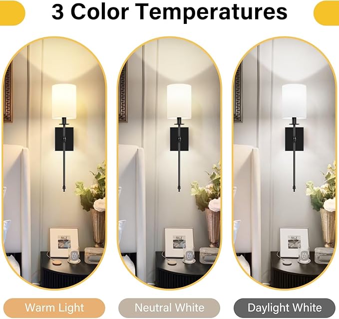 24.8 Inch Black Battery Operated Wall Sconces Set of 2, Rechargeable Wireless Wall Lights with Remote & White Fabric Shade, Indoor Not Hardwired Dimmable Wall Lamps for Bedroom, 2 Bulbs Included