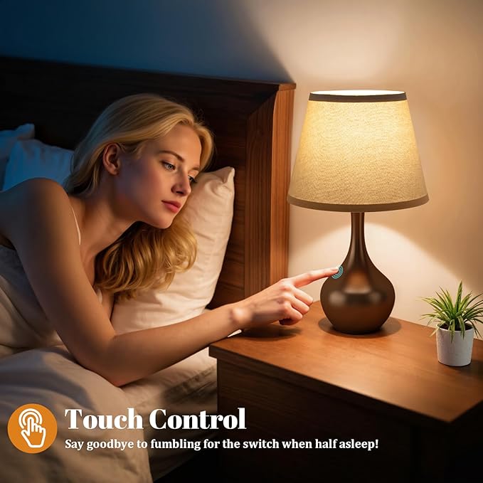 Seealle Touch Table Lamp for Bedroom, 3-Way Dimmable Small Bedside Lamps for Night Stands with Wires, Brown Desk Lamp for Kids Room, Office, Living Room, End Table(LED Bulb Included)