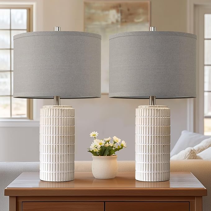 23" Set of 2 Ceramic Table Lamps, Farmhouse Bedside Lamp for Bedroom Living Room Nightstand Entryway, Side Table Lamps Modern Desk Lamp, 2 LED Bulbs Included (Gray)