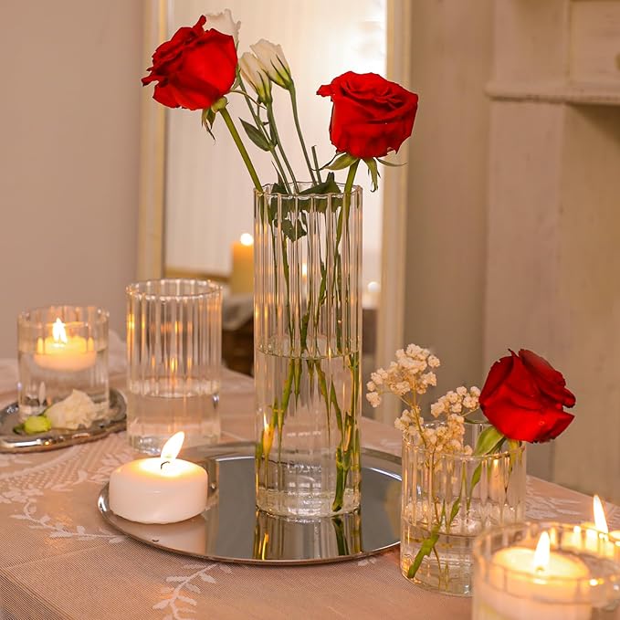 ComSaf Glass Cylinder Vases Pack of 12, Clear Ribbed Bud Vases for Centerpieces Weeding Decoration, 4 inch 6 Inch 10 Inch Tall Clear Flower Vases in Bulk, Hurricane Candle Holder for Party Home Decor