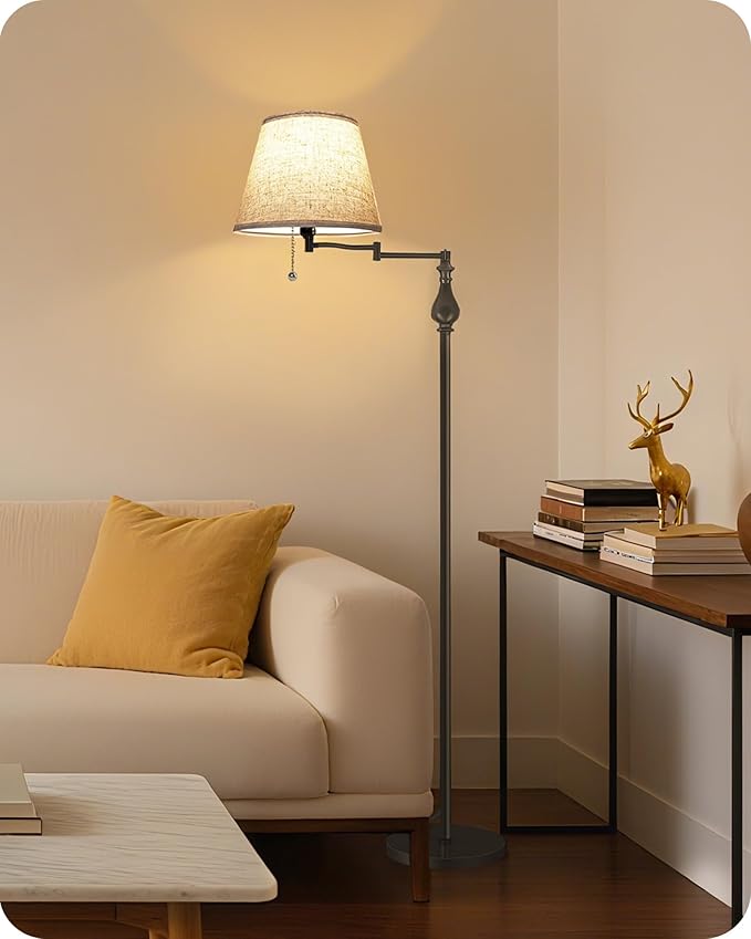 Vintage Floor Lamp with 350°Adjustable Swing Arm, 61” Mid-Century Modern Floor Lamp, Standing Pole Lamp with Pull Chain Switch, Antique Reading Lamp for Living Room, Bedroom, Office, Brown CE13LD05