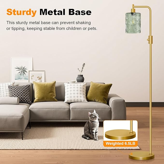 【Upgraded】 Dimmable Glass Floor Lamp for Living Room, Modern Gold Standing Lamp with Green Feather Glass Lampshade & Knob Dimmer, Arc Tall Lamp for Bedroom Office Reading Room, 2700K Led Bulb Included