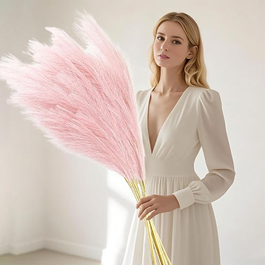 8 Pcs Light Pink Tall Faux Pampas Grass Decor, 45 Inches Artificial Pampas Grass Bulk, Large Faux Pompas Dried Decor for Floor Vase Filler, Home Boho, Wedding Anniversaries, Baby Shower Decoration