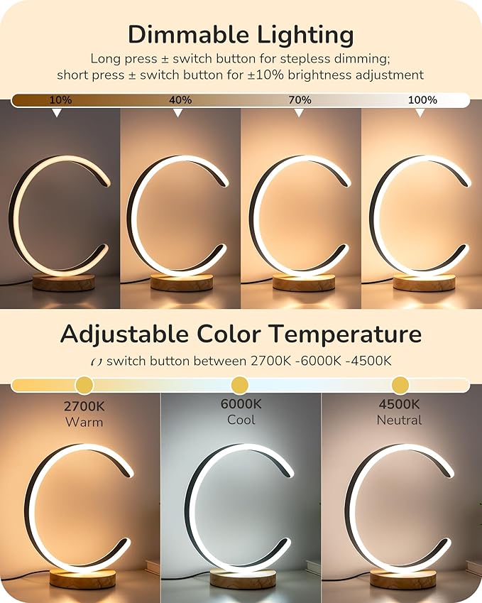 EDISHINE Modern LED Table Lamp, C-Shaped Bedside Lamp with 3 Color Temperature & Dimming, Upgraded Switch, Silicone Lampshade & Solid Wood Base, Nightstand Lamp for Living Room, Bedroom, Black