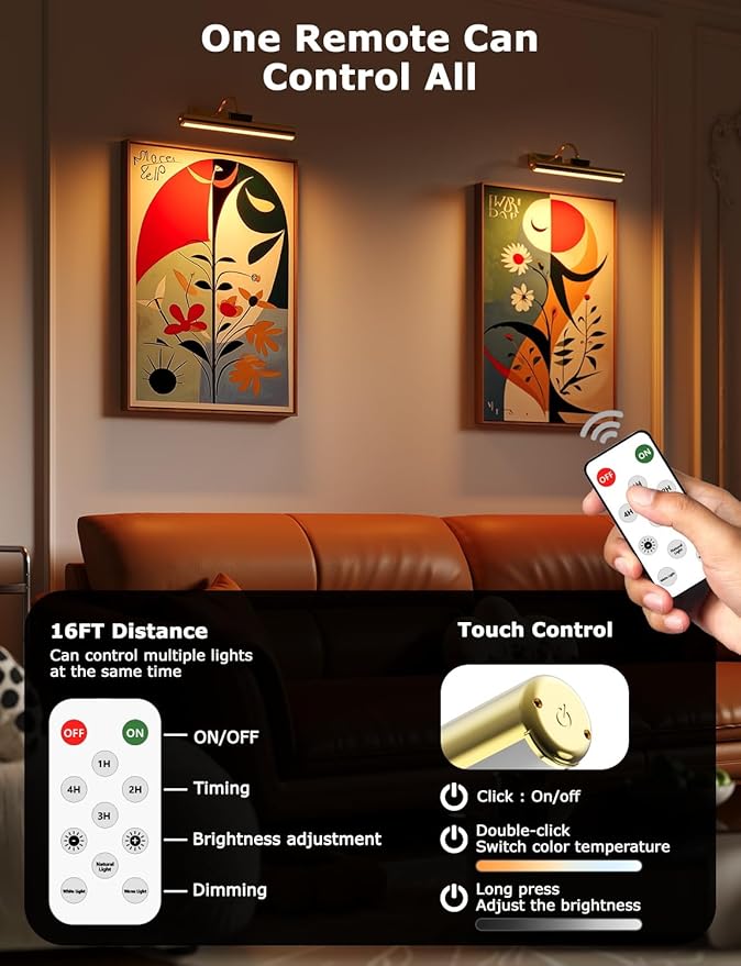 Picture Light Battery Operated, Wireless Art Light for Paintings, Dimmable 5000mAh Recharging Battery Picture Light with Remote Control for Wall, Gallery Dartboard Art Bedroom (Gold-1Pack)