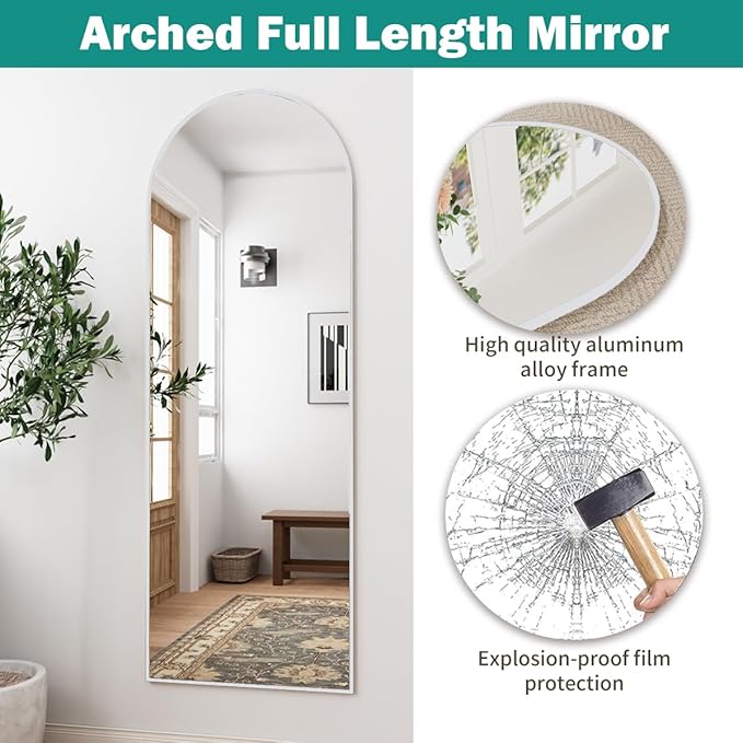 TinyTimes 57"x20" Arched Full Length Mirror, Full Floor Mirror with Stand, Large Full Body Mirrors, Wall Mirrors for Bedroom Living Room, Aluminum Frame (White)