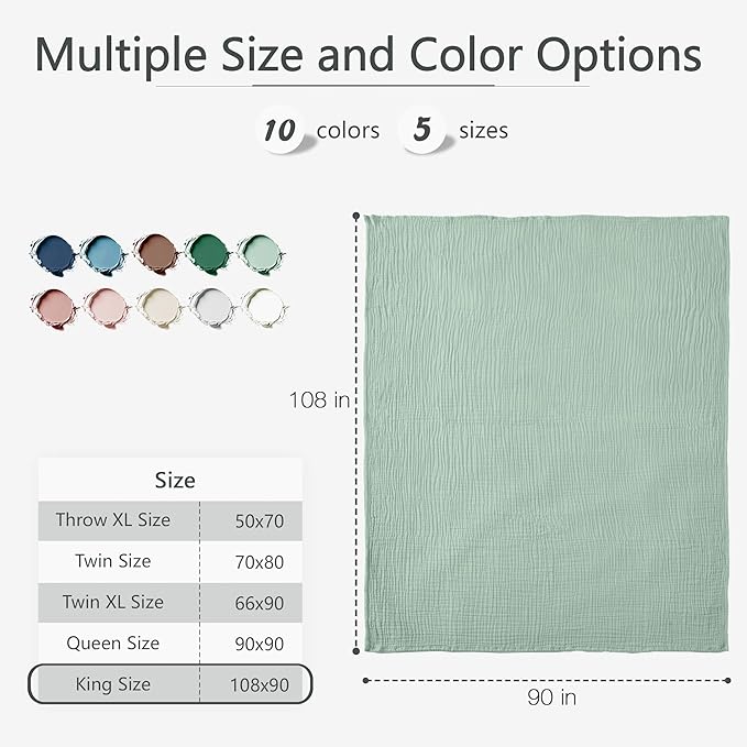 Carriediosa 100% Cotton Muslin Throw Blanket 108" X 90" King Size，4-Layers Summer Gauze Throws for Bed Couch，Soft Lightweight Breathable Linen Blankets Bedspread for Adults All Season，Sage Green