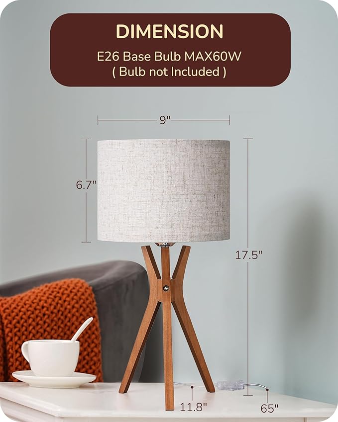 EDISHINE Mid Century Table Lamp, 17.5" Tripod Bedside Lamp with Deep Wood Color Light Base & Beige Linen Lampshade, Nightstand Lamp for Bedroom, Living Room, Reading Room, E26 Base