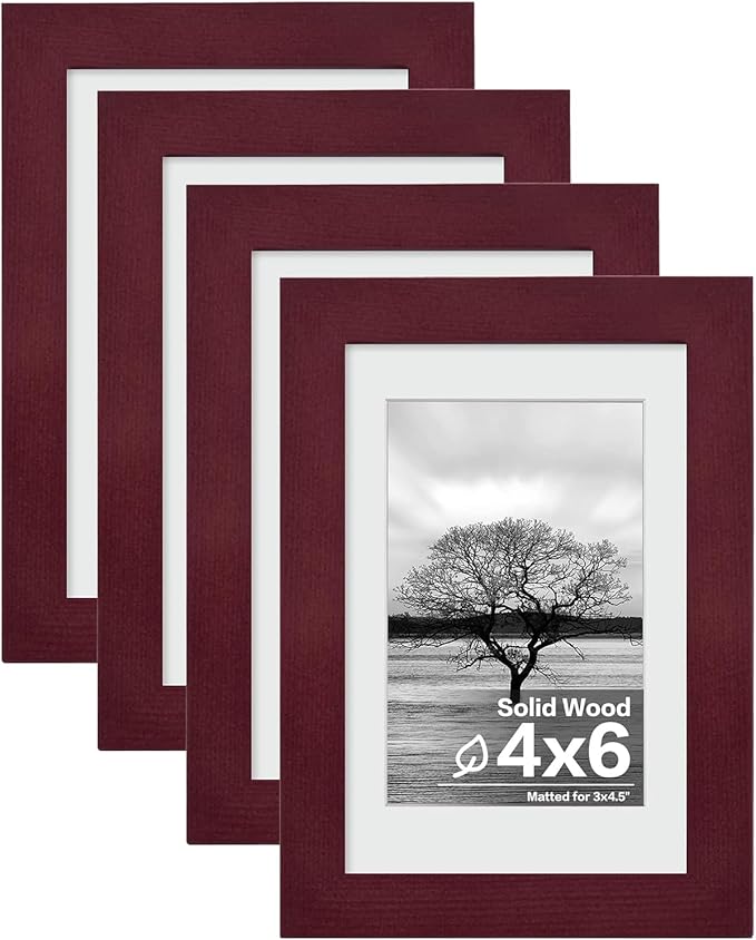 Egofine 4x6 Picture Frames Set of 4 Covered by Plexiglass - Made of Solid Wood for Table Top Display and Wall Mounting photo frame Cherry Red
