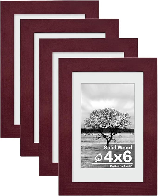 Egofine 4x6 Picture Frames Set of 4 Covered by Plexiglass - Made of Solid Wood for Table Top Display and Wall Mounting photo frame Cherry Red