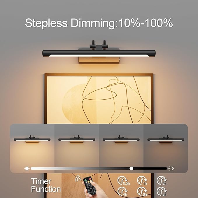 Cordless Picture Light with Remote, Battery Operated Wall Sconce for Artwork, 3 Colors Painting Light Dimmable and Timer, Wireless Art Light for Display (Black)