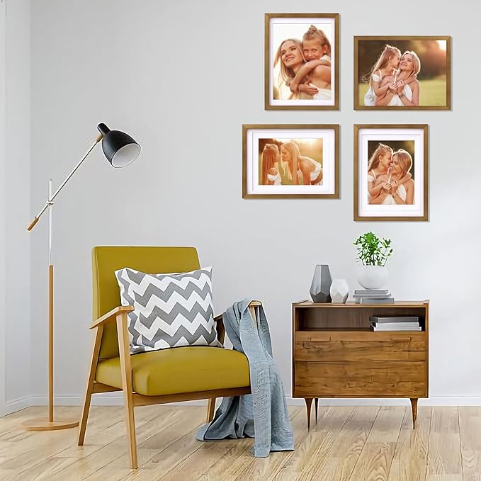 Egofine 12x16 Picture Frame with Plexiglass Made of Solid Wood, Display Pictures 9x12/11x14 with Mat or 12x16 Without Mat Set of 4 for Wall Mounting,Light Brown