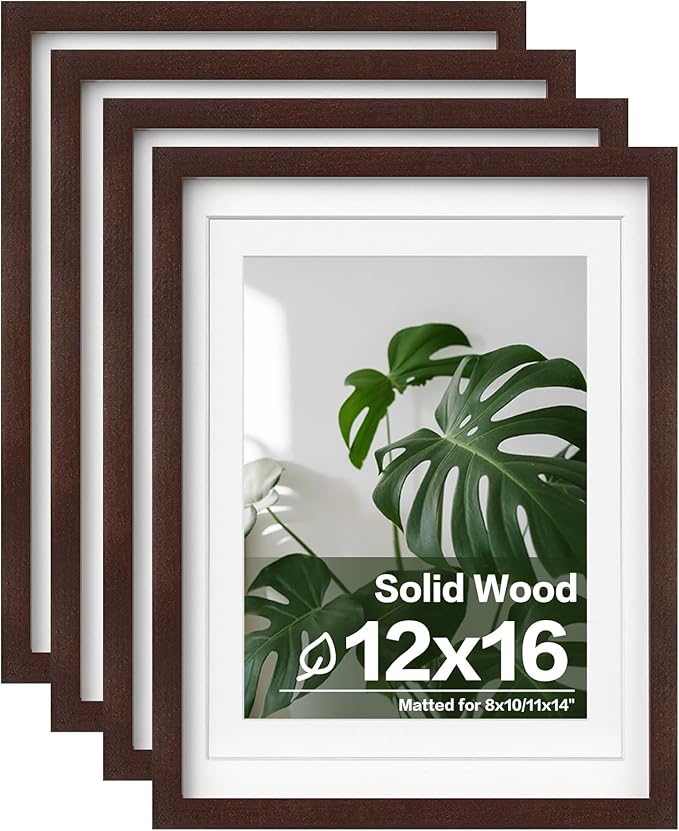 Egofine 12x16 Picture Frames with Plexiglass, Display Pictures 9x12/11x14 with Mat or 12x16 Without Mat Set of 4 for Wall Mounting,Walnut Color