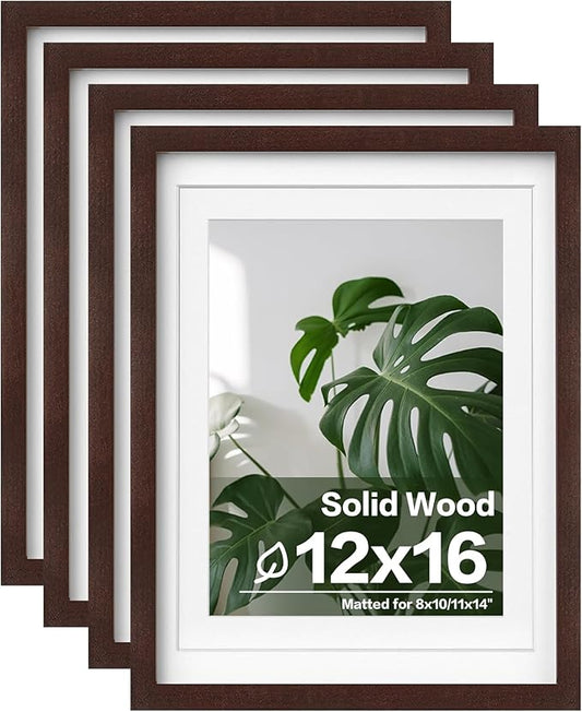 Egofine 12x16 Picture Frames with Plexiglass, Display Pictures 9x12/11x14 with Mat or 12x16 Without Mat Set of 4 for Wall Mounting,Walnut Color