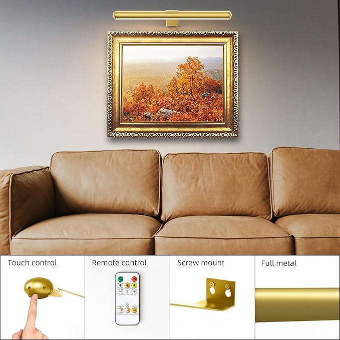 TINTINDOC Battery Operated Picture Light Painting Light with Remote, 16'' Wall Art Gallery Display Light,Full Metal Dimmable 300LM Wall Light for Picture Painting Dartboard Gallery Art