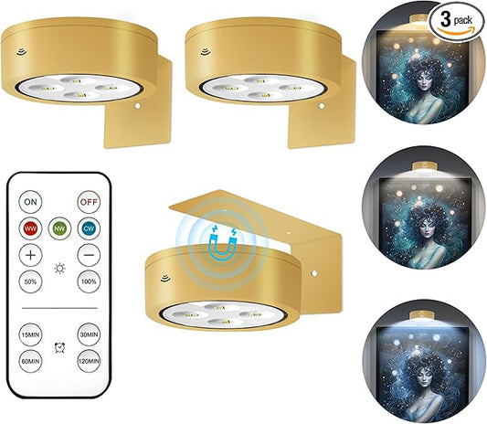 3Pcs Battery Operated Picture Light, Magnetic Led Painting Light with Remote Dimmable and Timer, 3 Lighting Modes Art Display Light for Picture Frame Paintings, Wireless Wall Decor Puck Lights, Gold
