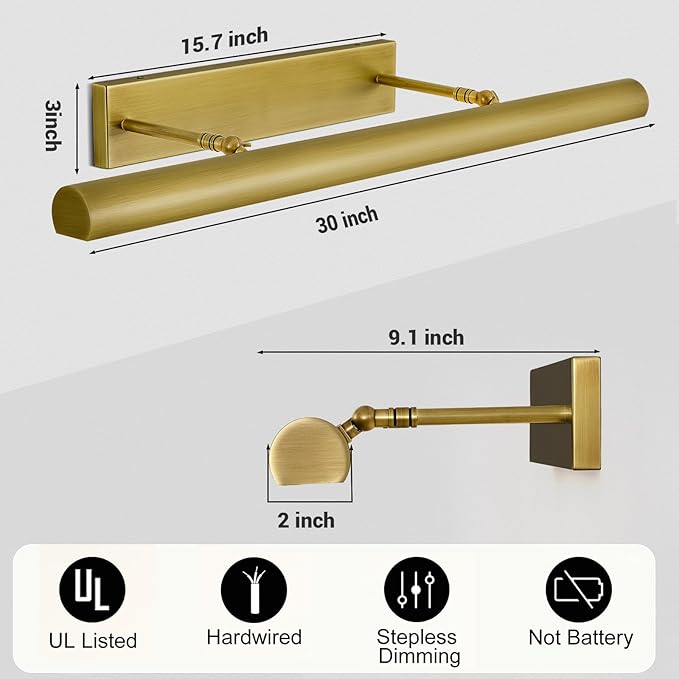 Brass Picture Lights for Wall, 30" Linear Picture Light Hardwired, 4-Light Brush Gold Art Light, Dimmable Gallery Light for Paintings, Warm White 270° Picture Frame Lights for Bathroom, Living Room