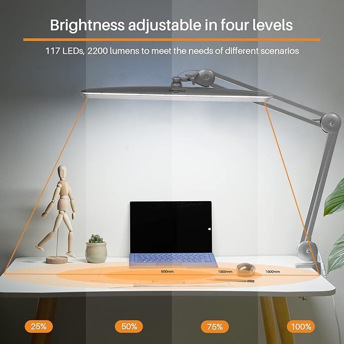 Task Lamp with Clamp, Bright 117PCS LEDs, Metal Swing Arm 24W 2200 Lumen Dimmable Led Desk Lamp for Architect Home Office Study Reading Dorm Workbench Craft, 23 Inch Working Lamp(Silver)
