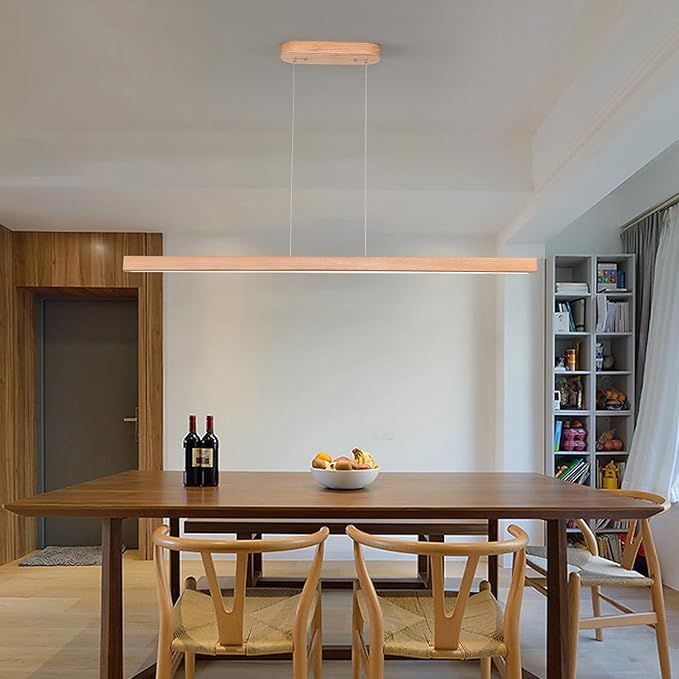 Wooden Linear Pendant Light 47" LED Pendant Light Dimmable Pool Table Island Lights Modern Linear Chandeliers for Dining Room Kitchen Ceiling Pendant Lamp for Dining Room Billiard Room Natural