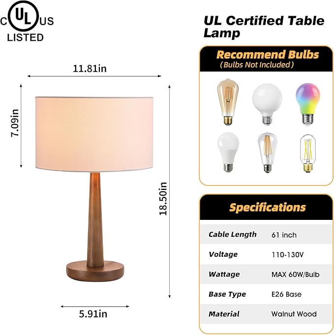 18.5" Tall Table Lamp for Living Room, Dimmable Modern Walnut Wood Desk Lamps for Bedroom, UL Listed Nightstand Lamp, End Table Lamps for Entryway, Console, Office, Dorm, White Line Shade