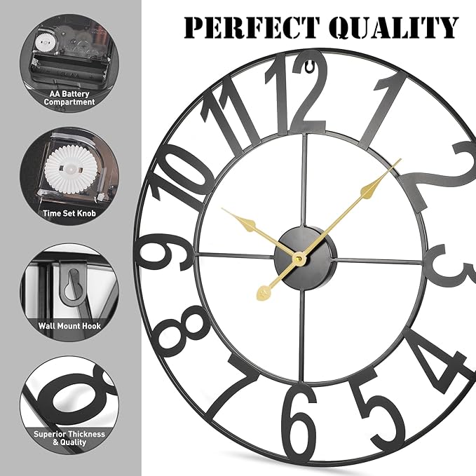 24-Inch Large Wall Clocks for Living Room Decor, Silent Non Ticking Wall Clocks Battery Operated, Decorative Analog Metal Indoor Wall Clock for Kitchen, Bedroom, Office Decor-Gold Hands