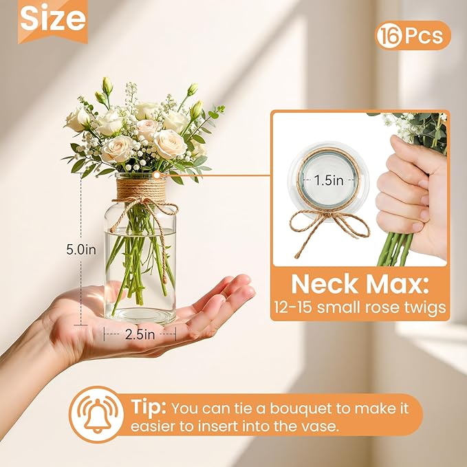 Vintage Glass Flower Vase Bulk 16 Pack Farmhouse Transparent Centerpiece Vases with Hemp Rope Mason Jars for Weddings Parties Dining Table Home Decor（Medium）