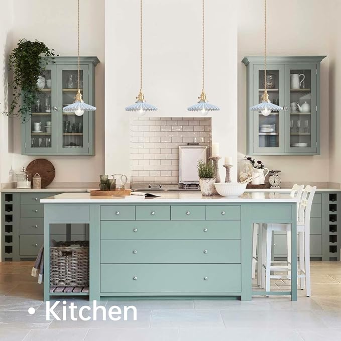 Pendant Light with Blue Pleated Ceramic Lmapshade, Brass Vintage Pendant Light Adjustable Hanging Light for Kitchen Island Dining Room Hallway