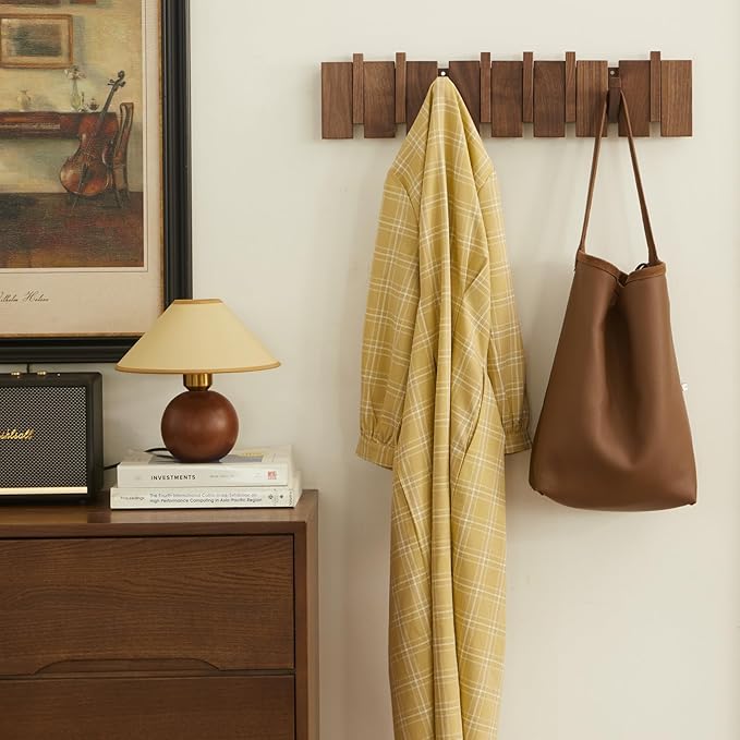 Wood Coat Rack Wall Mounted, Coat Hooks Wall Mount, Flip Down Entryway Wall Art Rack wtih 8 Hooks for Hanging Coats Keys Hats Towels Bags, Walnut