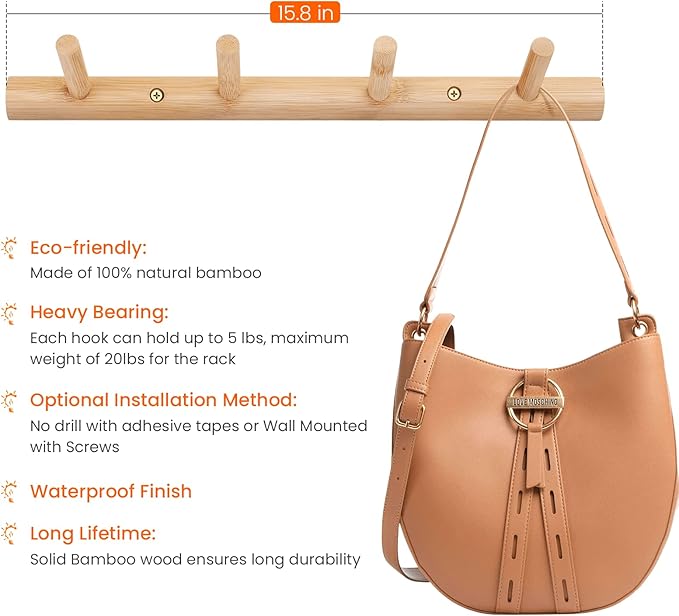 Homode Modern Bamboo Wooden Entryway Coat Hooks, Bathroom Kitchen Towel Rack, Wall Mounted Coat Rack Hat Hanger with 4 Hanging Pegs (Natural)